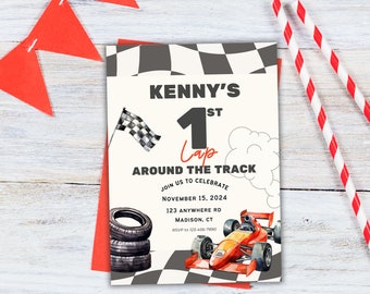 May include: A racing-themed first birthday party invitation with a chequered flag background, a red race car, and the text "Kenny's 1st Lap Around the Track".