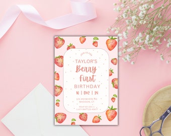 May include: Pink and white birthday invitation with a strawberry pattern. The text reads "Join us for Taylor's Berry First Birthday 16 | Dec | 24 123 Anywhere Rd Madison, CT RSVP by Dec 1 Lucy 8607123-45677".