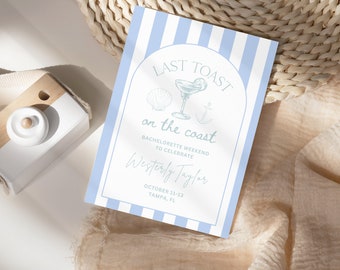 Bachelorette Itinerary, Last Toast On The Coast,Beach Bachelorette Party Invitation, Bachelorette Invitation, Editable Canva Template,