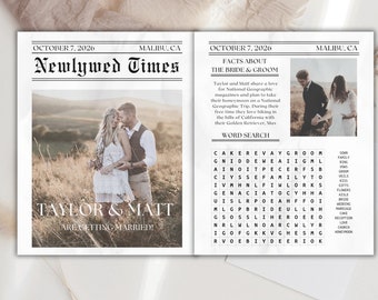 Newspaper Wedding Program Template, Editable Wedding Newspaper Program, Printable Wedding Infographic, Folded Wedding Day Program, Canva