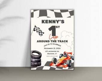 Race Car First Birthday Invitation, First Lap Around The Track Invitation, Racing Car 1st Birthday Invite, Race Car Invites, Canva Template