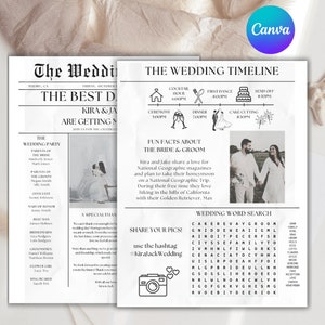 Op de afbeelding: Een trouwadvertentie van twee pagina's, ontworpen als een krant. De linkerpagina toont de details van de bruiloftsgasten, terwijl de rechterpagina de tijdlijn, leuke weetjes en een woordzoeker bevat.