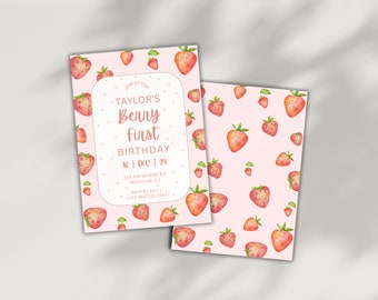 May include: A pink and white birthday invitation with a strawberry pattern. The invitation says "Join us for Taylor's Berry First Birthday 16 | Dec | 24 123 Anywhere Rd Madison, CT RSVP by Dec 1 Lucy 860-123-45677"