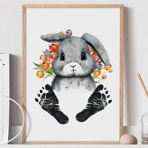 Pegada de tulipas de coelho, primavera de coelho, pegada de mão de Páscoa, minha primeira Páscoa, pés de pé, bebê criança, artesanato de Páscoa, cartão, Páscoa alegre