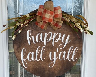 Happy Fall Y'all Door Hanger | Burlap Bow, Fall Greenery