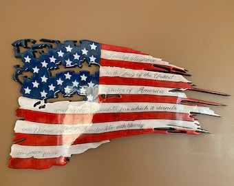 Tattered American Flag with Pledge of Allegiance | Large Wooden American Flag | Large Tattered Flag