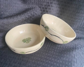 Pinch Pot Cereal Bowls Green Flower Hand Painted Set of 2 White Stoneware Pottery