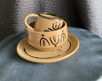 Three’s Company Breakfast Set with Cappuccino Cup Bowl and Plate Brown Stoneware Wheel Thrown