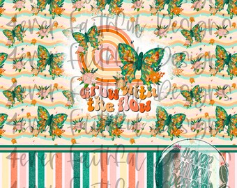 May include: A digital design featuring a rainbow with butterflies and the text "grow with the flow". The background is a repeating pattern of butterflies, flowers, and wavy lines in shades of green, orange, and pink. The bottom of the design features a striped pattern in shades of green, orange, and pink.