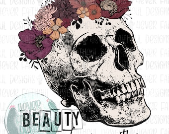 Schoonheid komt van binnenuit, Floral Skull PNG, Digital Design, Digital Download, Skull with Flowers, PNG digitale download
