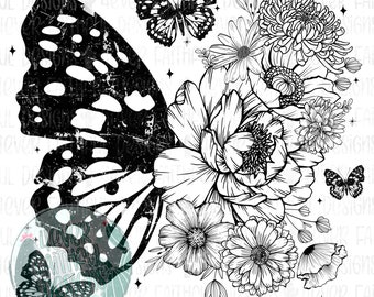 Floral Butterfly PNG, Distressed Butterfly, Butterfly Shirt, Digital Design, Digital Download,  Butterfly with Flowers PNG