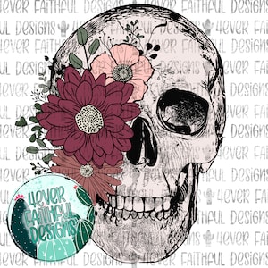 Floral Skull, Floral Skull PNG, Digital Design, Digital Download, Skull with Flowers, PNG digital download