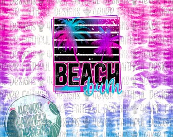 May include: A digital graphic design featuring a retro-style beach scene with palm trees, a sunset, and the text "BEACH bum" in a colorful, glittery font.