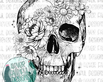 Schedel met bloemen, Floral Skull PNG, Digitaal ontwerp, Digitale download, Floral Skull Shirt Design, PNG digitale download