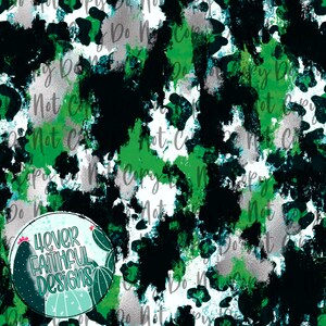 May include: Abstract seamless pattern featuring black, green, and silver paint splatters on a white background. The pattern includes the text "Never Faithful Designs" in a circle with a cactus illustration.