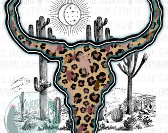 Cow Skull with Leopard Print, Cute Western Shirt, Cactus png, PNG Digital Design, Digital Download, Cute Western PNG, Desert PNG