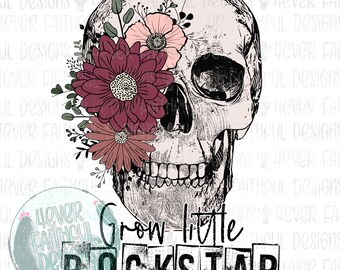 Grow Little Rockstar, Cráneo Floral PNG, Diseño Digital, Descarga Digital, Cráneo con Flores, Png descarga digital