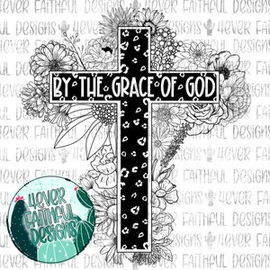 By the Grace of God, Floral Cross with Leopard, Cute Christian Shirt Design, PNG file, Sublimation Digital Design, Digital Download