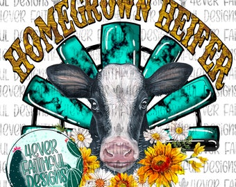 Home Grown Heifer PNG, Digital Design, Digital Download,  Cow with Flowers PNG, Country PNG. Western png, Turquoise & Sunflowers