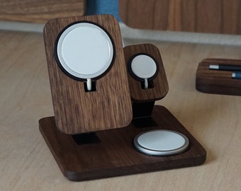 Dual MagSafe + Apple Watch +  AirPods Charger Ready Combo Charging Stand Walnut Wood Modern Two MagSafe Charging Dock
