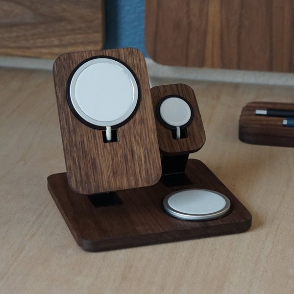 Fractal Dock - F.3 Dual MagSafe + Apple Watch +  AirPods Charger Ready Charging Stand Walnut Wood Two MagSafe Charging Dock Standby Ready