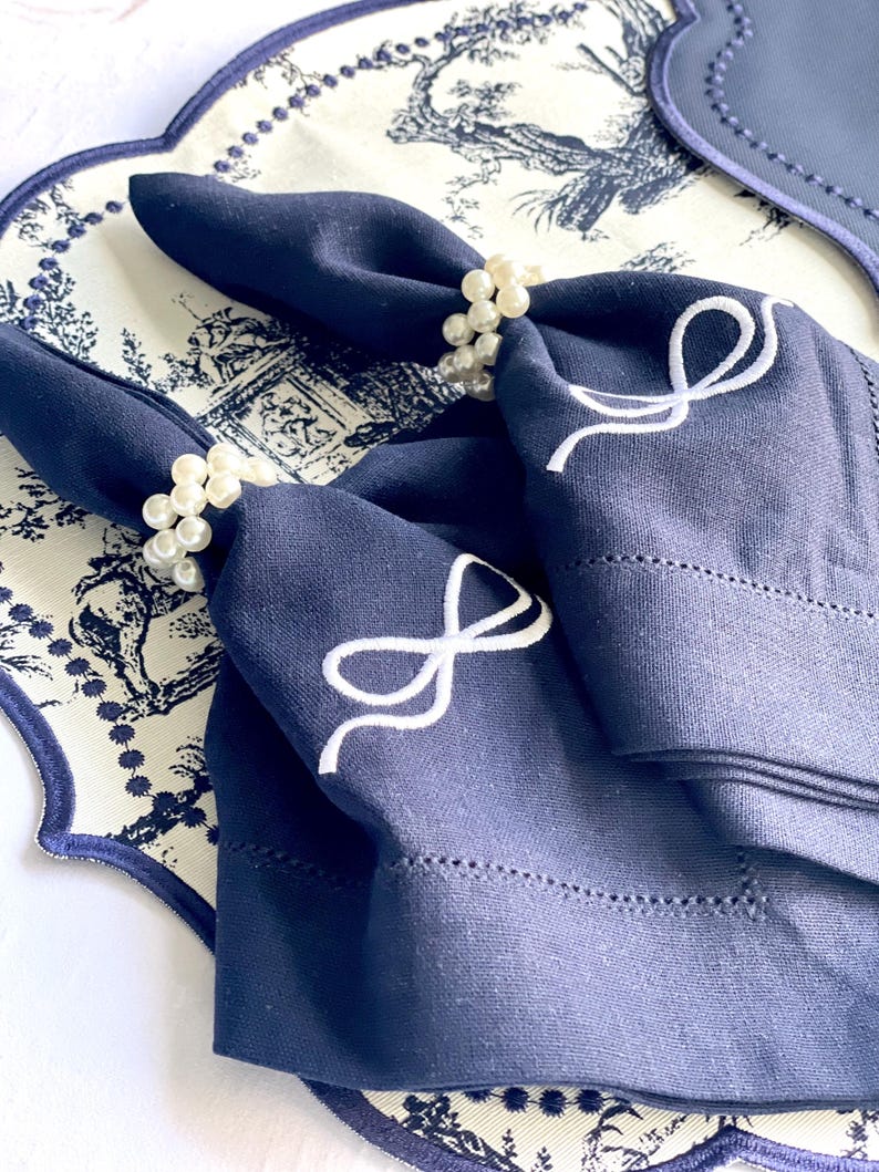 Luxurious Doublesided Embroidered Scallop Edge Placemats Navy Blue