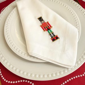 Christmas Nutcracker Embroidered Napkin, White Cloth Dinner Napkin, Holiday Table Decor, Christmas Table Setting