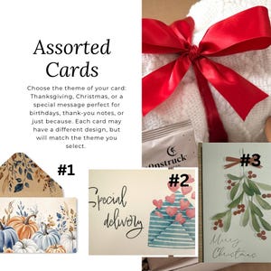 May include: Assorted cards with text and three distinct designs. Card #1 features pumpkins and foliage. Card #2 shows an envelope with hearts and the text Special delivery. Card #3 displays mistletoe and the text Merry Christmas. A red ribbon is tied above.
