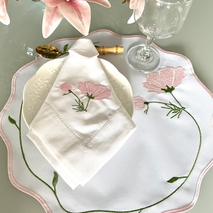White Placemat with Pink Flower Embroidery & Scalloped Edge