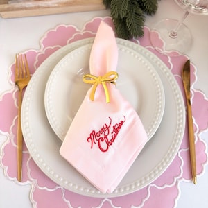 Pink Christmas Embroidered Napkin, Merry Christmas Cloth Napkin, Elegant Holiday Table Decor, Pink Christmas Table Setting