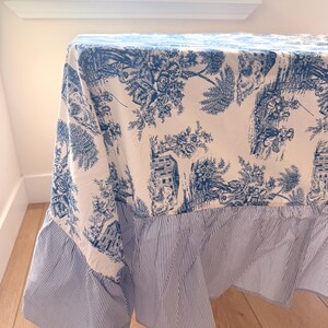 Blue and White Toile Tablecloth with Ruffles – Premium Cotton Rectangle Tablecloth 124x64 – French Country Dining Table Linen for 8–10 Seats