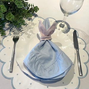 Light Blue Round Placemat, Easter Dinning Decoration, Scallop Edge with White Embroidered Trim,  Waterproof, wedding party Placemat.