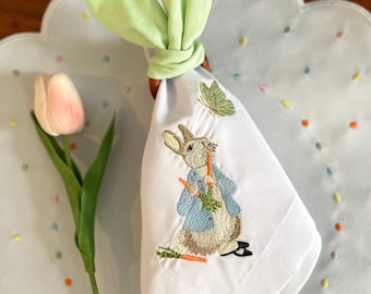 White and Blue Peter Rabbit Easter Cotton Napkin Embroidery, tea napkins, cocktail napkin, fabric napkin, Easter gift, napkins for party