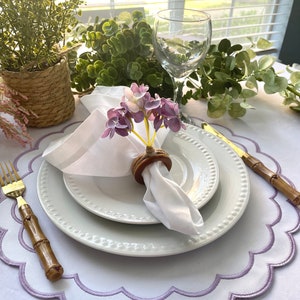 White Placemat with Lavanda trim,  Scalloped Embroidered Placemat, Easy Care,  Kitchen Table Top, Scallop Edge, Housewarming Gift, Farmhouse