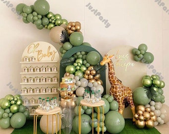 170Pcs Jungle Safari Balloons Garland Kit, Safari Baby Shower Decorations Sage Green Brown & Animal Print Balloons Palm Leaves For Woodland Themed Giraffe Wedding Two Wild One Birthday Party Supplies