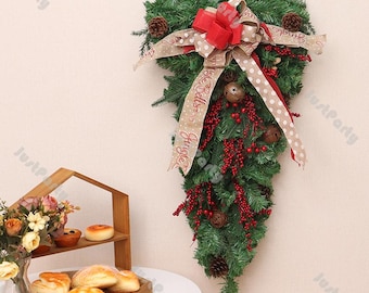 Couronne de Noël naturelle, couronne artificielle, décoration extérieure, décoration extérieure, couronnes rouges et vertes, décoration cadeau, décoration murale pour porte d'entrée, art mural