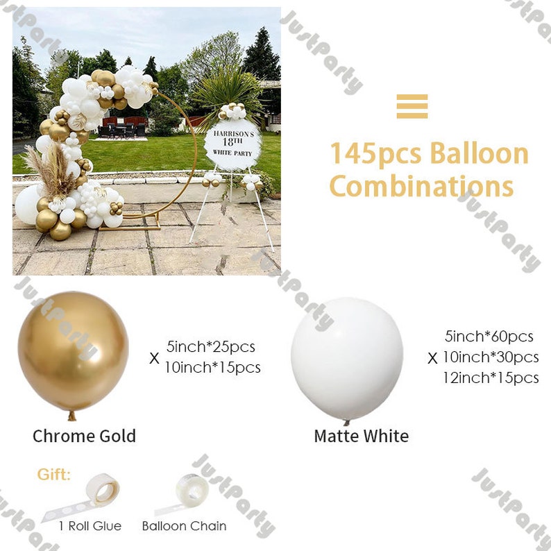 145pcs Chrome Gold Matte White Balloons Garland Arch Kit DIY Wedding ...