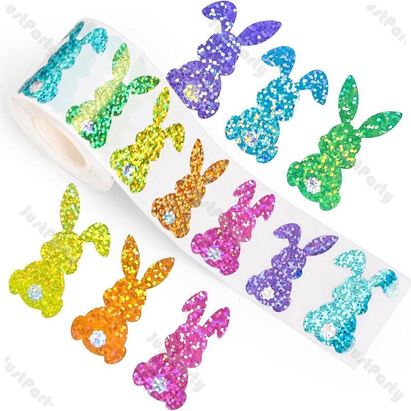 500pcs Per Roll Easter Bunny Stickers Spring Party Bag Labels Rainbow Sparkle Glitter Easter Rabbit Sticker Easter Personalized Stickers