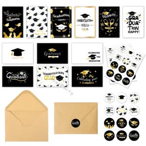 May include: A selection of graduation stationery, including cards, stickers, and envelopes. The cards feature black and gold designs with graduation caps and celebratory text. The envelopes are a light brown colour. Metric measurements are used.