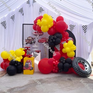 150/151pcs Race Car Theme Balloon Garland Boy 1st birthday Decoration Matte Red Yellow Black Tyre Balloon Arch Baby Shower Decor Racing Flag