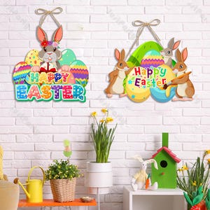 Personalized Easter Door Sign Happy Easter Wall Hanging Easter Bunny Front Door Hanger Easter Welcome Sign Easter Door Wreath Spring Decor