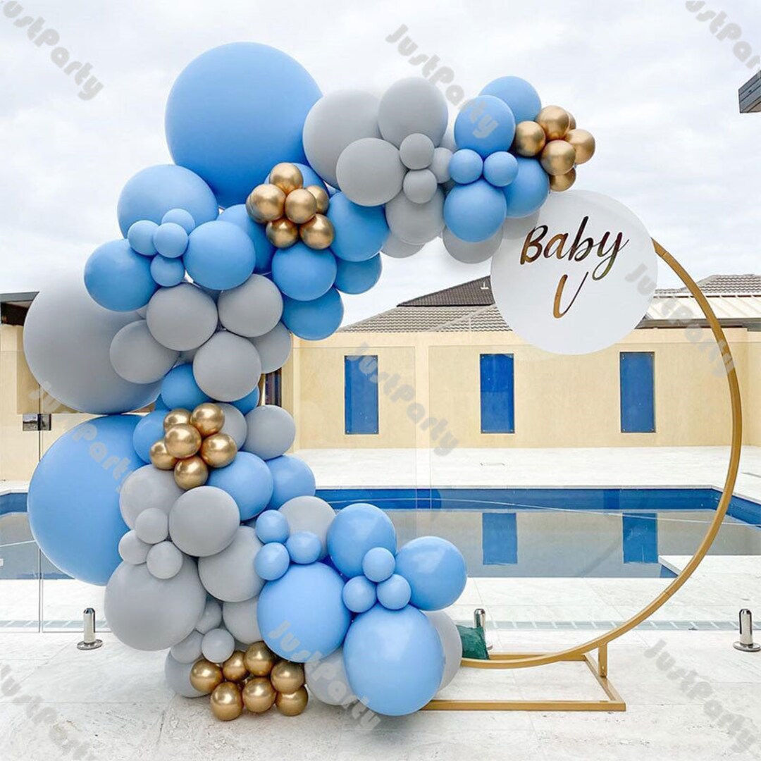 113pcs Doubled Matte Light Blue Gray Chrome Gold Balloon Garland Arch ...