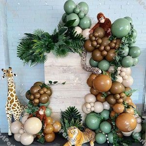 145pcs Dusty Green Animal Balloon Garland Birthday Party Decoration Doubled Apricot Coffee Caramel Balloon Arch Baby Shower Background Decor