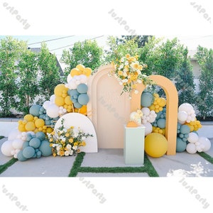 118/168pc Sunshine Baby Shower Balloon Arch Smoke Blue Yellow Sunset Balloons Kids Birthday Pastel Bridal Shower Here Comes the Son Backdrop