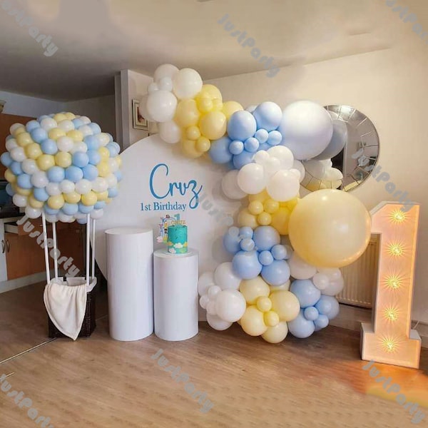 92/197pcs Macaron Yellow Blue Matte White Balloon Garland Arch Kit Baby Shower 1st Birthday Party Decoration Children's Day Baptism Supplies