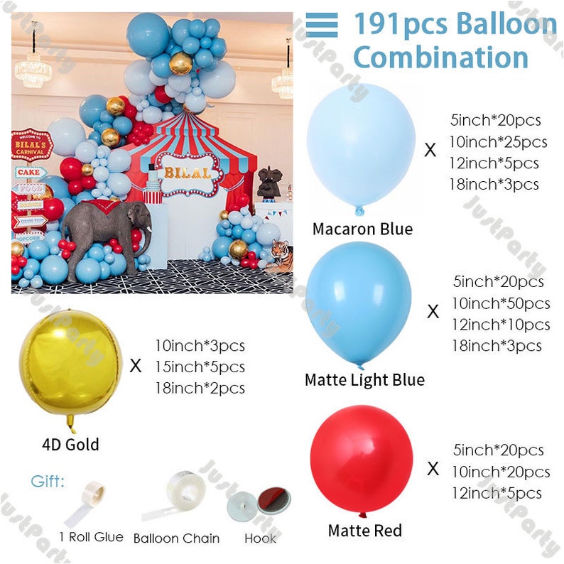 191pcs Macaron Blue and Matte Red Balloon Garland Arch Kit Kids 1st Birthday Party Decoration Baby Shower Gender Reveal Decor Supplies 191pcs(19Ft)