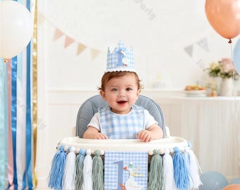 Blue Pink High Chair Banner One Silly Goose Birthday Hat for Christening Boy ONE Burlap Goose Flag Baby Shower Girl Silly Goose Baby Reveal