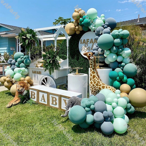 186pcs Sage Green Balloon Garland Safari Party Decoration Baby Shower Background Gray Gold Mint Balloon Arch 1st Birthday Party Decoration