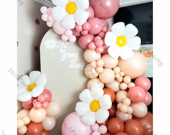 108pcs Retro Burnt Orange Daisy Balloon Garland Arch Kit Dusty Pink Cream Peach Flower Foil Balloons Girl Baby Shower Boho Birthday Supplies