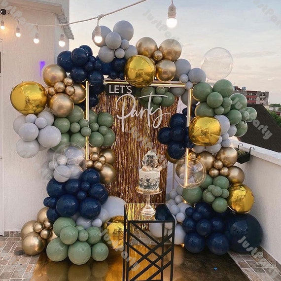 215pcs Dusty Green Matte Navy Blue Chrome Gold Balloon Garland